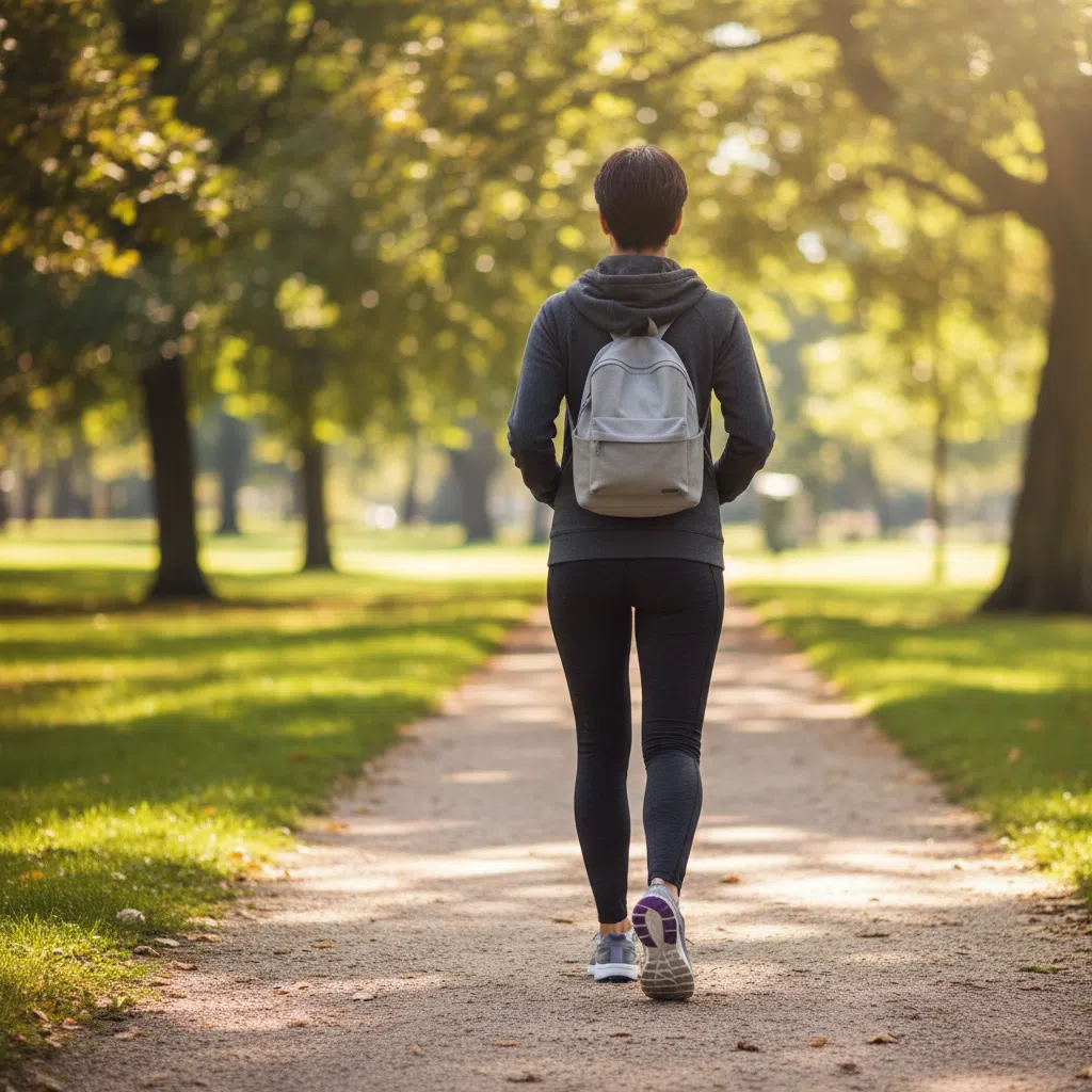 Anonyme Person beim Spaziergang im Park - aktiver Lebensstil als Teil eines ausgewogenen Alltags